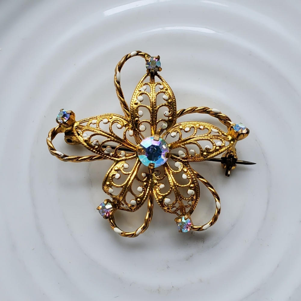 Vintage Austrian Filigree Flower Brooch. Aurora Borealis Crystals